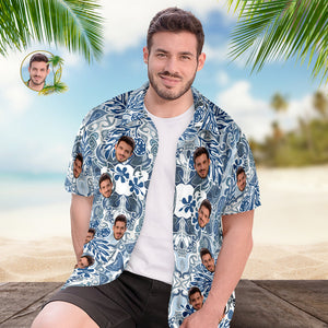 Camisa Hawaiana Con Cara Personalizada, Camisa Aloha Con Estampado Integral Para Hombre, Regalo - Patrón Vintage Azul - MyFaceSocksES