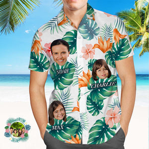 Camisa Hawaiana Personalizada Con Múltiples Fotos Y Texto, Hojas De Palma Y Flores Coloridas - MyFaceSocksES