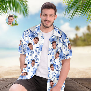 Camisa Hawaiana De Hombre Con Estampado De Cara Personalizada, Regalo De Hojas Azules Para Él - MyFaceSocksES