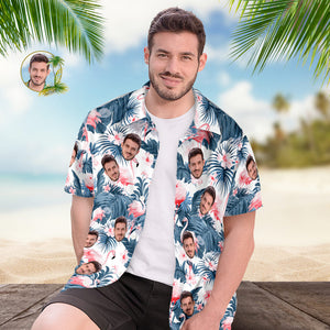 Camisa Hawaiana Para Hombre Con Estampado De Cara Personalizada, Flamenco Y Flores, Hojas Azules - MyFaceSocksES