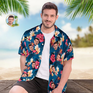 Camisa Hawaiana Para Hombre Con Estampado De Cara Personalizada, Flores Rosas Y Monstera Deliciosa - MyFaceSocksES