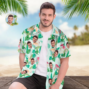 Camisa De Hombre Personalizada Con Estampado De Cara, Camisa Hawaiana, Hojas Verdes Y Flamenco - MyFaceSocksES