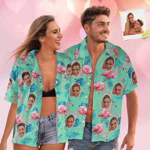 Camisa Hawaiana De Cara Personalizada Camisa Tropical De Flamenco Traje De Pareja Todo Sobre Hojas Verdes Y Palmeras Impresas - MyFaceSocksES