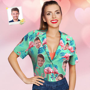Camisa Hawaiana Con Cara Personalizada, Camisa Tropical De Flamenco Para Mujer, Con Estampado De Hojas Verdes Y Palmeras - MyFaceSocksES
