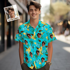 Camisa Hawaiana Personalizada Con Cara Y Números Multicolores Regalos De Cocoteros Y Piñas - MyFaceSocksES