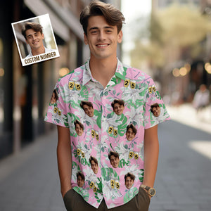 Número De Camisa Hawaiana De Cara Personalizada En Copa De Vino Mangas Rosas Y Verdes Cara Camisa Hawaiana Regalo Para Él - MyFaceSocksES