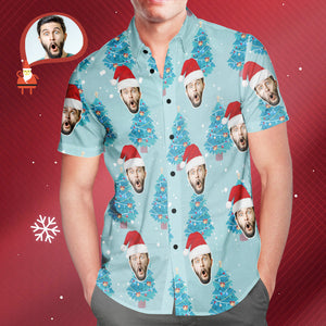 Camisa Hawaiana Azul Con Estampado De Cara Personalizada, Regalo De Estilo De Árbol De Navidad Para Él - MyFaceSocksES