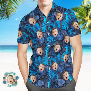 Camisa Hawaiana Con Estampado De Cara Personalizada Flores Y Hojas Camisa De Playa Azul - MyFaceSocksES