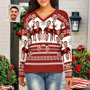 Suéter De Navidad Con Cuello En V Para Mujer Con Cara Personalizada, Alce De Navidad, Spandex, Cómodo - MyFaceSocksES
