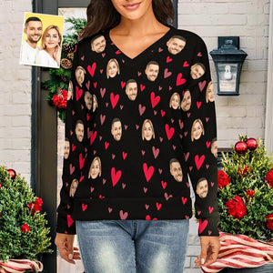 Suéter Con Cuello En V De Cara Personalizada Para Mujer Con Tema De Pareja De Corazón Pequeño Spandex Cómodo - MyFaceSocksES