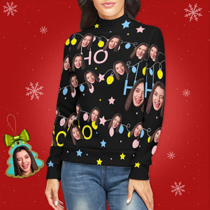 Jersey De Cuello Alto Con Cara Personalizada Para Mujer Suéter De Navidad Feo Suéteres Sueltos De Punto - Luces De Navidad - MyFaceSocksES