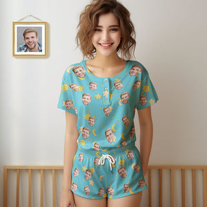 Pijamas De Cara Personalizados Para Mujer, Conjunto De Pijama Corto Azul, Regalo - MyFaceSocksES
