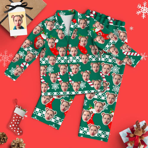 Pijama de Navidad de manga larga con cara personalizada - Media de Navidad verde