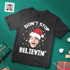 Camiseta Personalizada Con Cara De Navidad, Camiseta Divertida Con Foto De Navidad De Don't Stop Believin Santa Claus - MyFaceSocksES