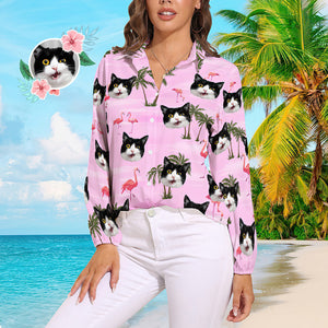 Camisas Hawaianas Personalizadas Con Cara De Gato, Camisas Hawaianas De Manga Larga Vintage Con Flamenco Rosa Para Mujer - MyFaceSocksES