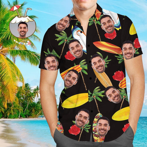 Cara Personalizada Con Estampado De Hojas Verdes, Camisa Hawaiana, Tablas De Surf, Tubería y Palmeras