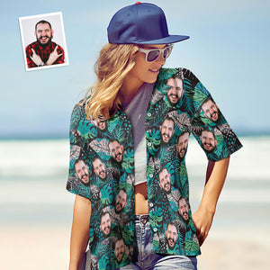 Camisa De Cara Personalizada Foto Personalizada Camisa Hawaiana De Mujer Regalo - Camisa De Manga Corta De Hojas Grandes - MyFaceSocksES