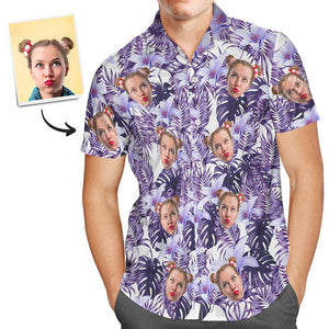 Custom Face Shirt Camisa Hawaiana Para Hombre Con Flores Moradas - Blanco