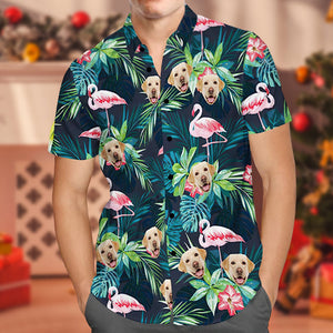 Regalos De Navidad Camisa Hawaiana Personalizada Con Cara Camisa Personalizada Con Cara De Perro Camisas Con Botones De Hojas Y Flamencos - MyFaceSocksES