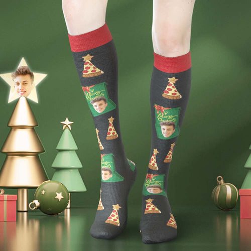 Calcetines Hasta La Rodilla Con Cara Personalizada Calcetines Con Foto Personalizada Gorro De Navidad Feliz Navidad - MyFaceSocksES