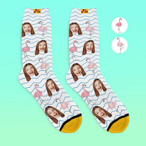Calcetines Impresos Digitalmente En 3d Personalizados My Face Socks Agregue Imágenes Y Nombre - Flamingos Blue Zig Zag - MyFaceSocksES