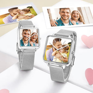Reloj de pareja personalizado Reloj de foto grabada - Reloj de caja cuadrada plateada